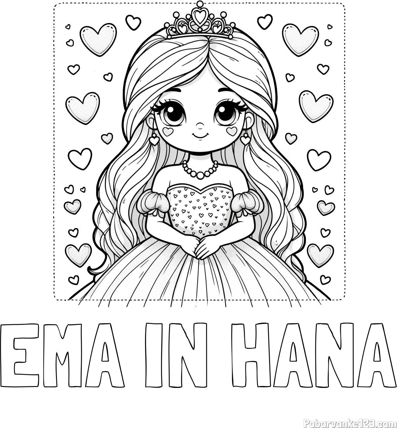 Pobarvanka imena EMA IN HANA in pobarvanka ljubke princese obdane s srčki