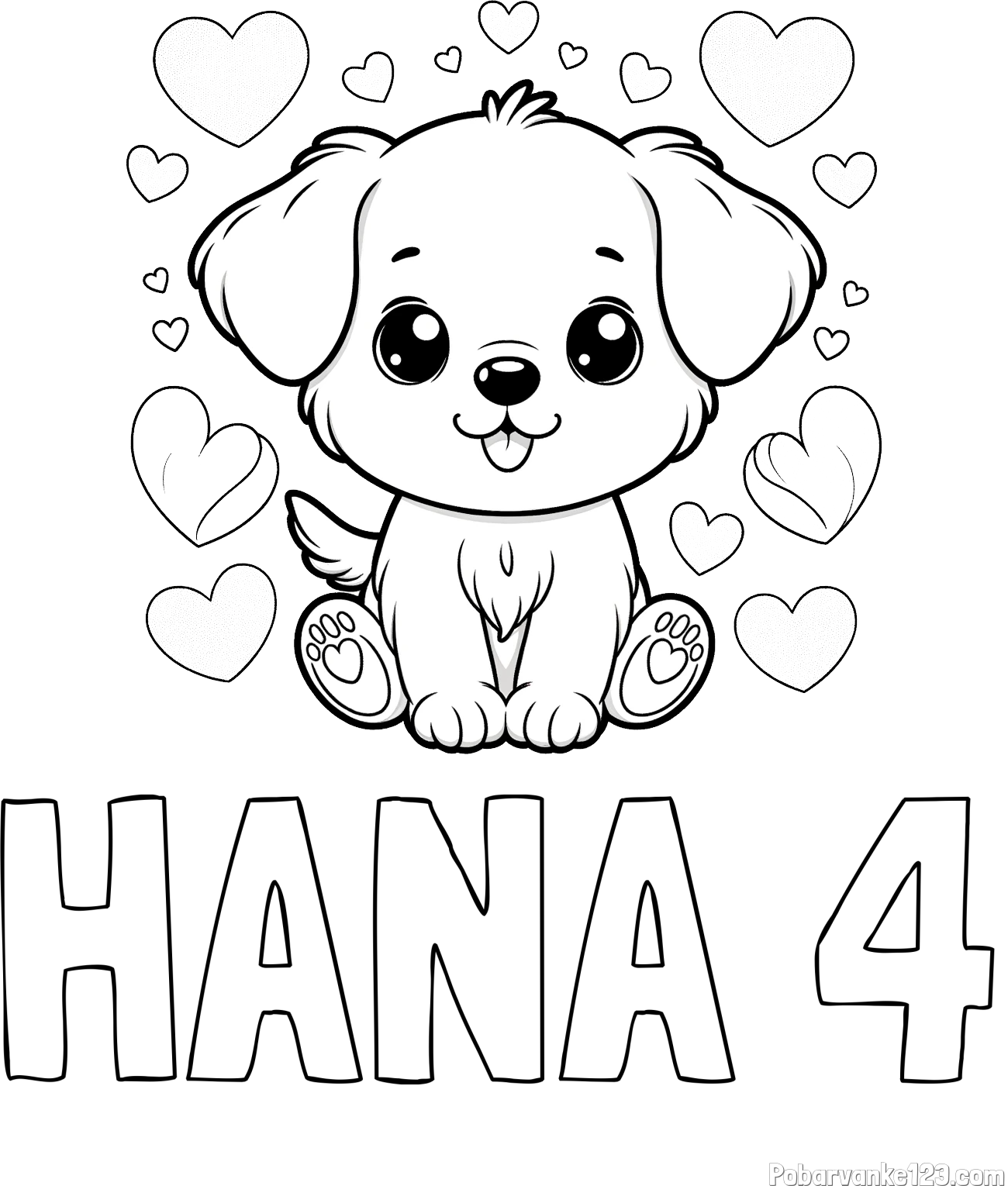 Pobarvanka imena HANA 4 in pobarvanka ljubkega kužka obdanega s srčki