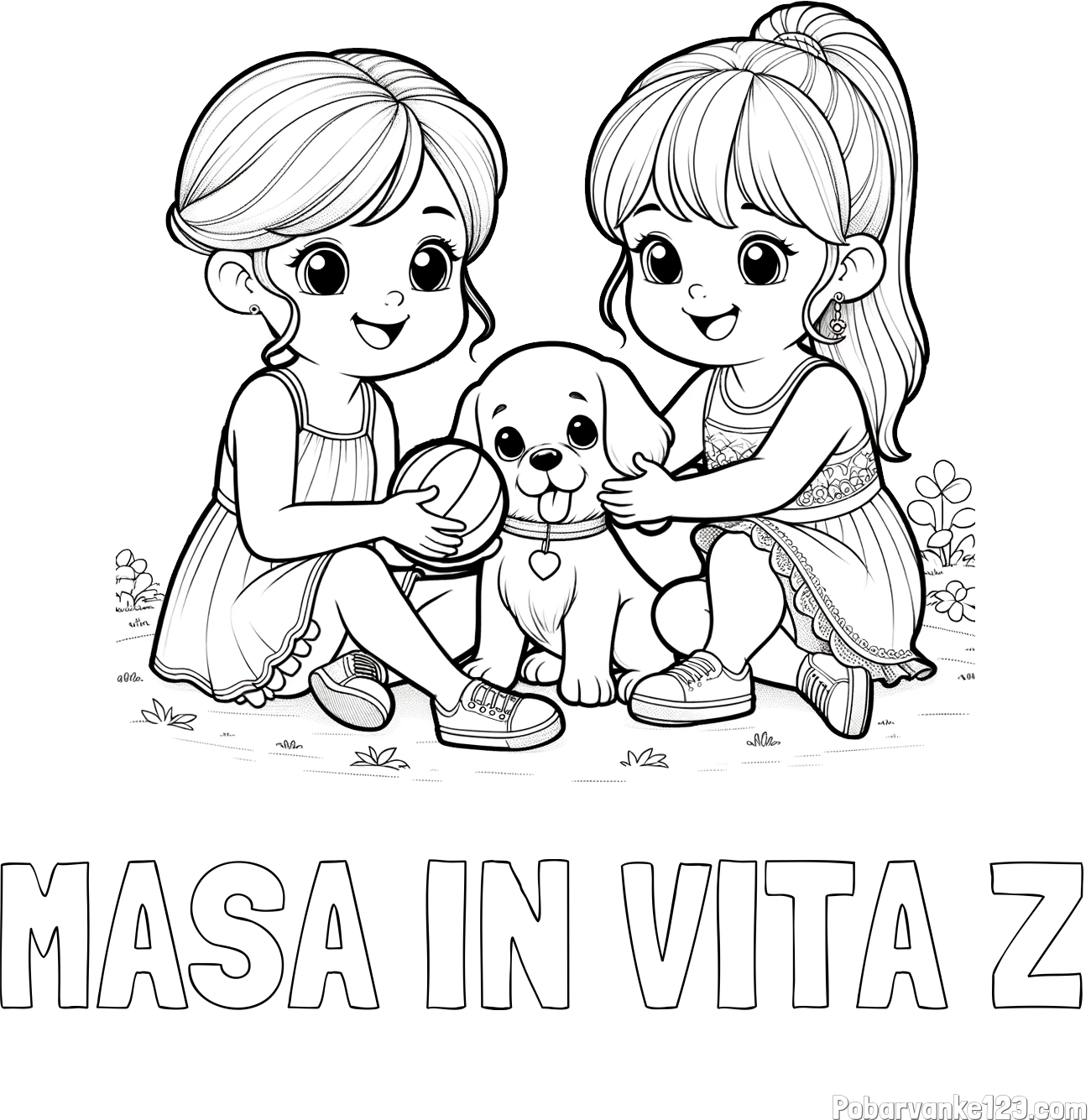 Pobarvanka imena MAŠA IN VITA Ž in pobarvanka prijateljic s kužkom