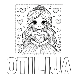 Online izdelana pobarvanka - Pobarvanka imena OTILIJA in pobarvanka ljubke princese obdane s srčki
