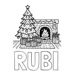 Online izdelana pobarvanka - Pobarvanka imena RUBI in pobarvanka božične noči z božično smrečico, darili ter kaminom