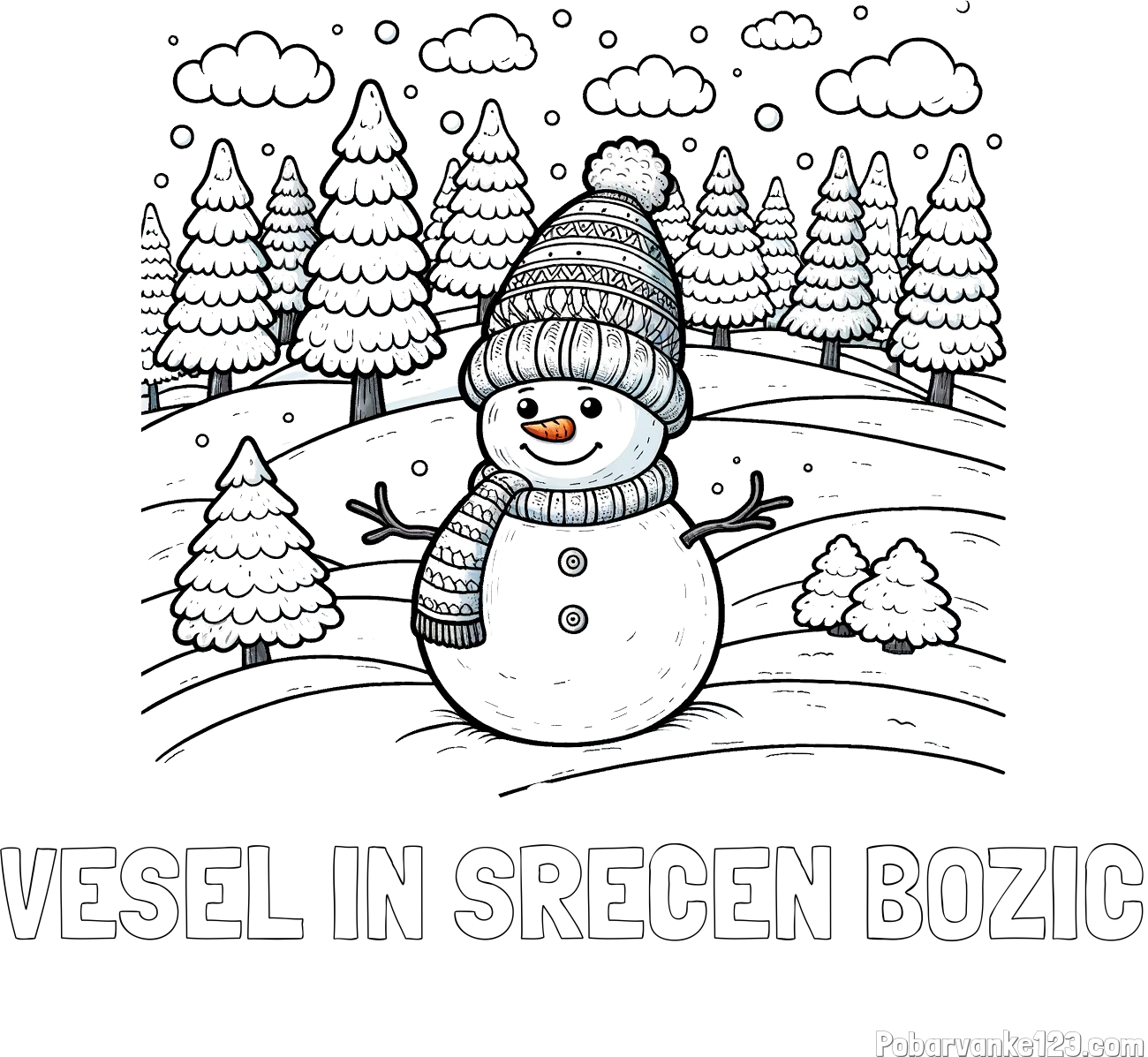 Pobarvanka imena VESEL IN SREČEN BOŽIČ in pobarvanka snežaka v naravi obdanega z zasneženimi smrekami