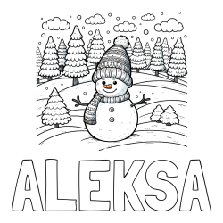 Online izdelana pobarvanka - Pobarvanka imena ALEKSA in pobarvanka snežaka v naravi obdanega z zasneženimi smrekami