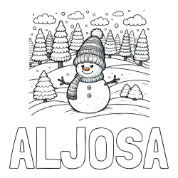 Online izdelana pobarvanka - Pobarvanka imena ALJOŠA in pobarvanka snežaka v naravi obdanega z zasneženimi smrekami