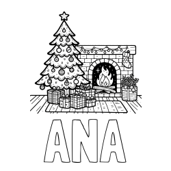 Online izdelana pobarvanka - Pobarvanka imena ANA in pobarvanka božične noči z božično smrečico, darili ter kaminom