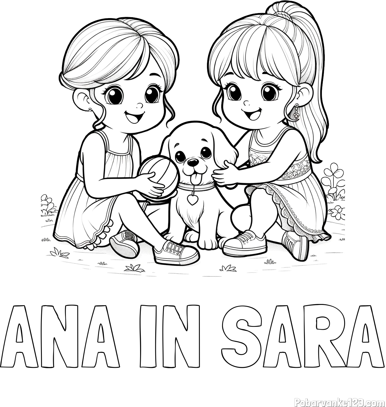 Pobarvanka imena ANA IN SARA in pobarvanka prijateljic s kužkom