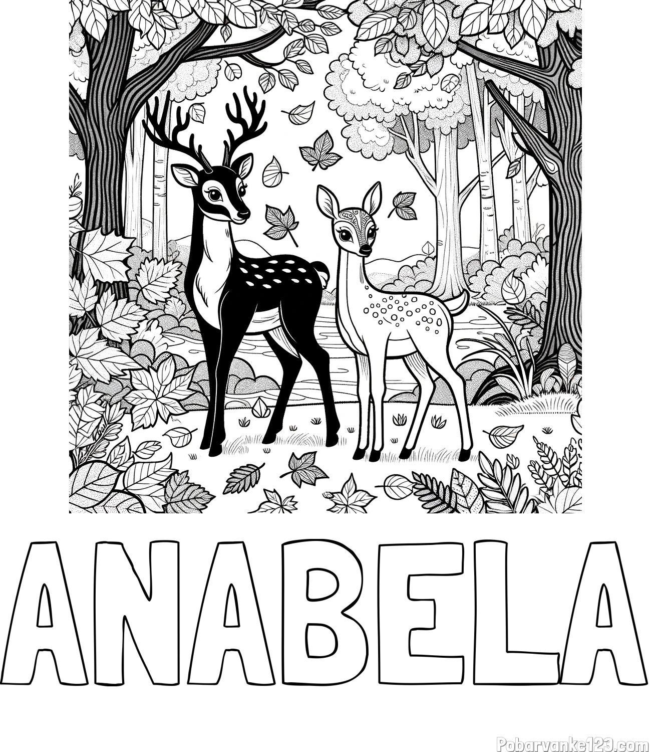 Pobarvanka imena ANABELA in pobarvanka srnice in jelenčka