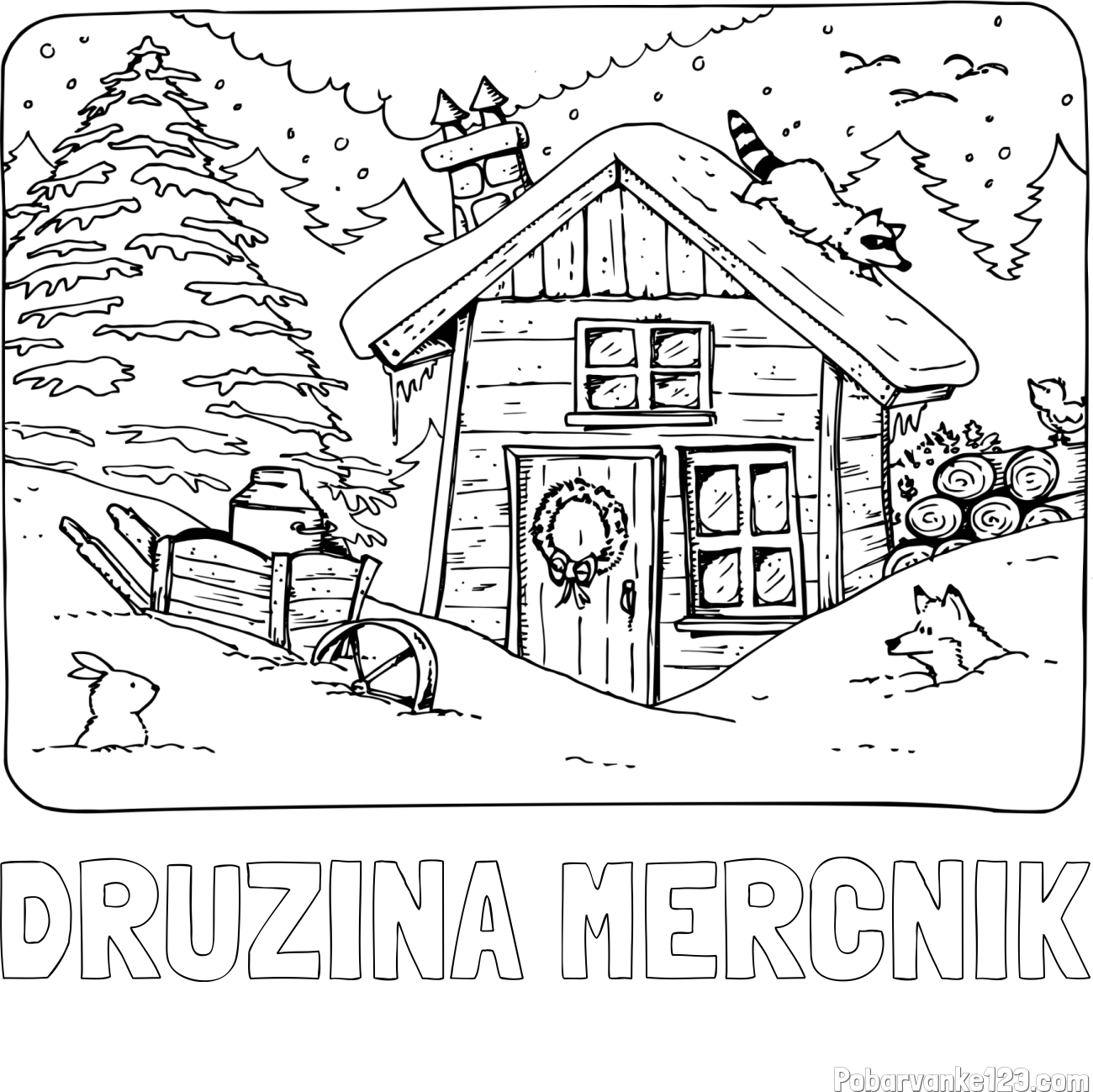 Pobarvanka imena DRUŽINA MERČNIK in pobarvanka zasnežene pokrajine s hiško