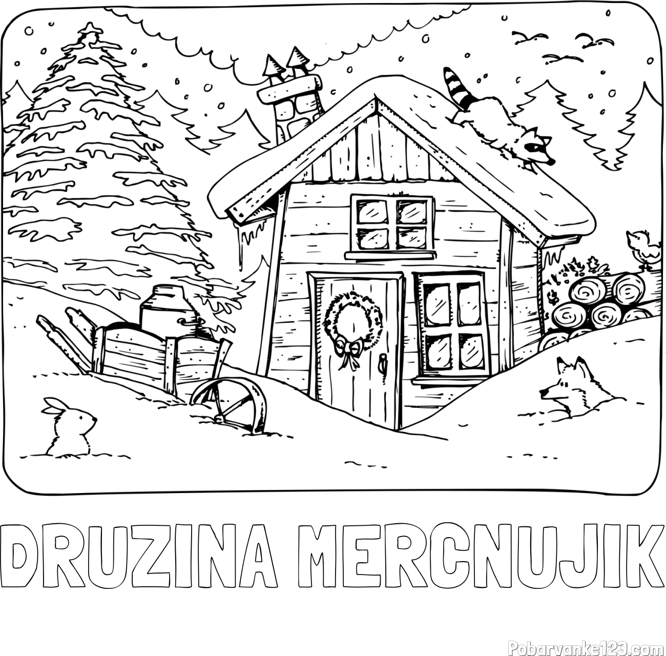 Pobarvanka imena DRUŽINA MERČNUJIK in pobarvanka zasnežene pokrajine s hiško