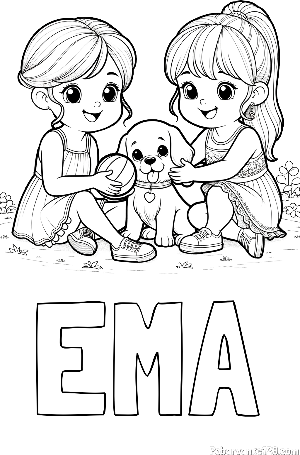 Pobarvanka imena EMA in pobarvanka prijateljic s kužkom