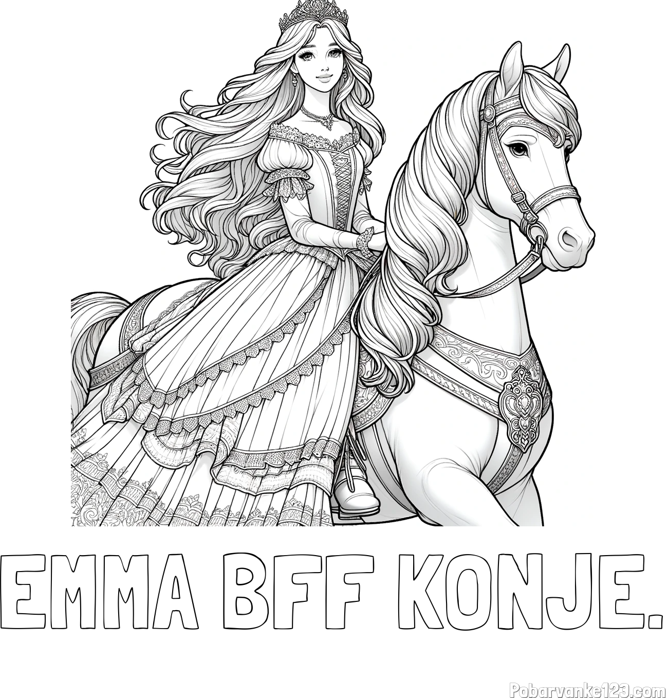 Pobarvanka imena EMMA BFF KONJE. in pobarvanka nasmejana princese na konju