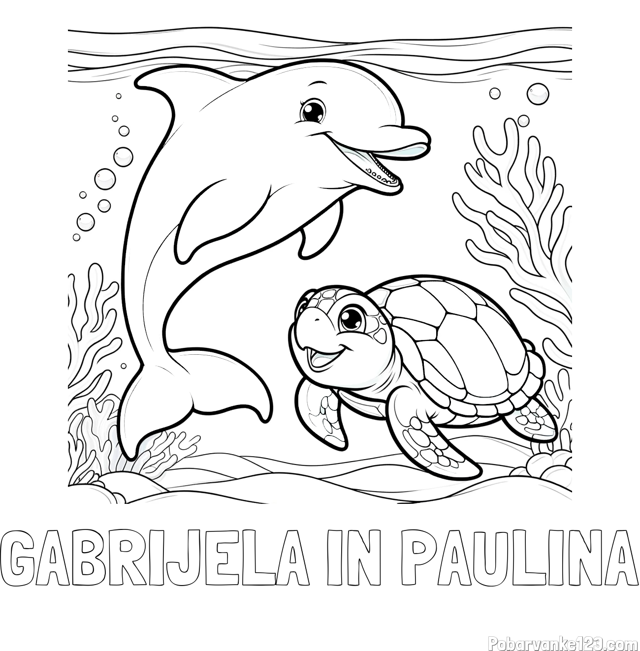 Pobarvanka imena GABRIJELA IN PAULINA in pobarvanka ljubkega delfina z želvo v morju