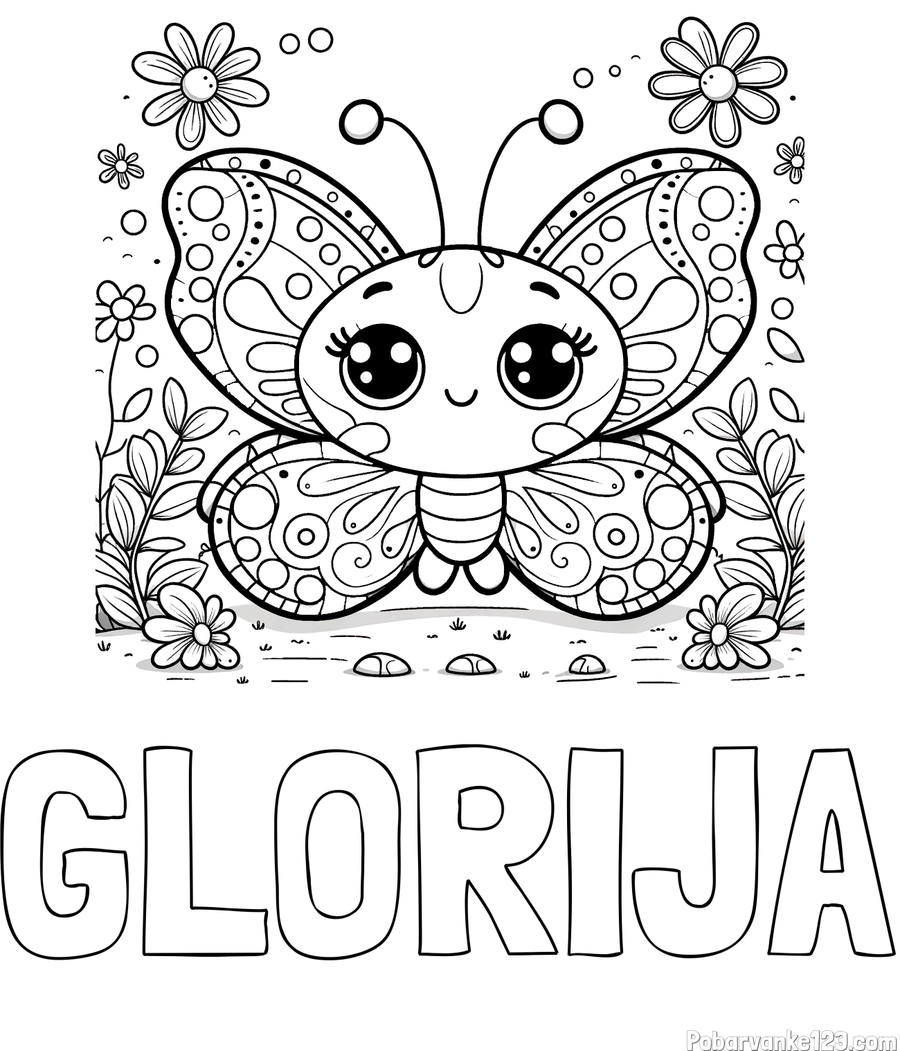Pobarvanka imena GLORIJA in pobarvanka ljubkega metuljčka