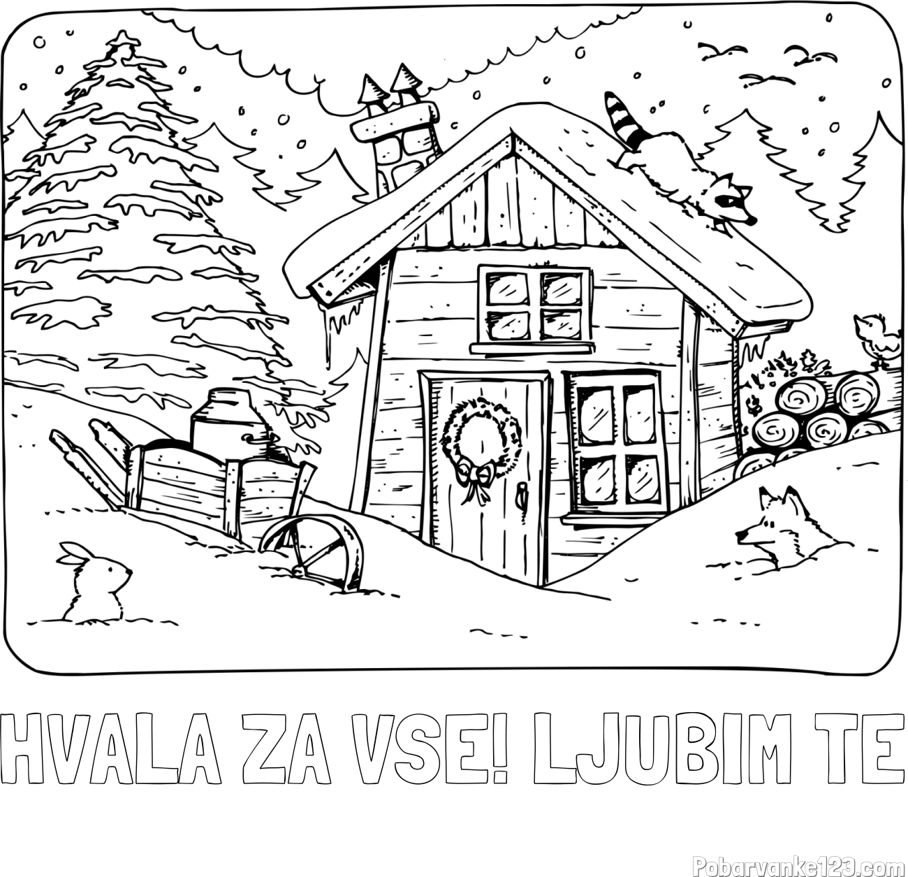 Pobarvanka imena HVALA ZA VSE! LJUBIM TE in pobarvanka zasnežene pokrajine s hiško