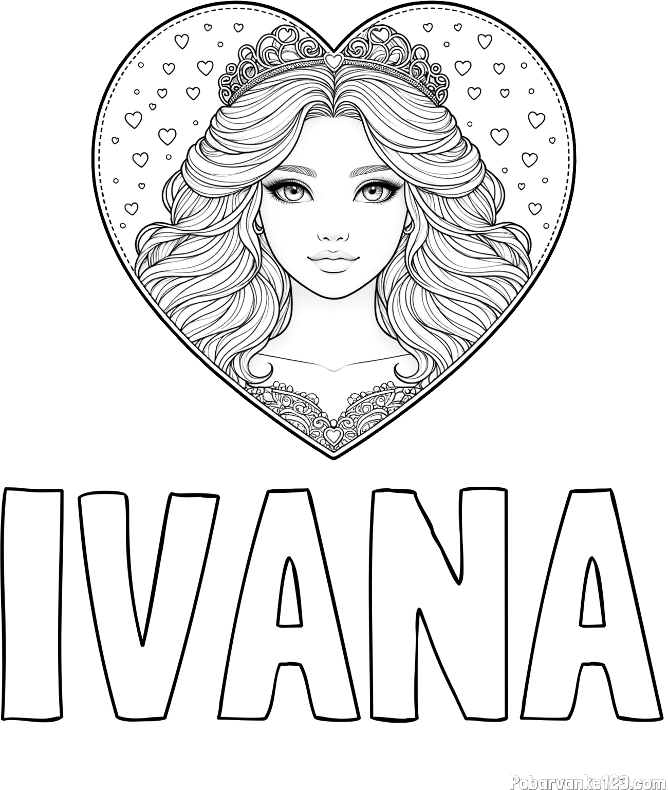 Pobarvanka imena IVANA in pobarvanka ljubke princese v srčku