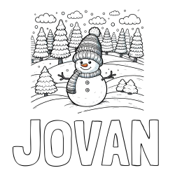 Online izdelana pobarvanka - Pobarvanka imena JOVAN in pobarvanka snežaka v naravi obdanega z zasneženimi smrekami