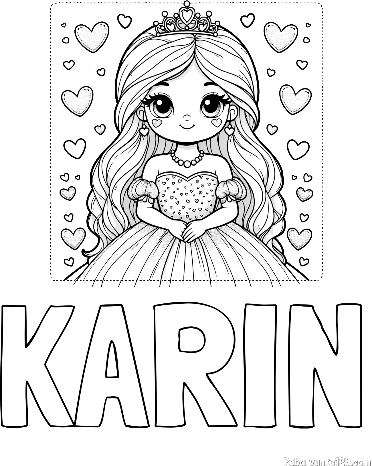 Pobarvanka imena KARIN in pobarvanka ljubke princese obdane s srčki