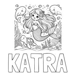 Online izdelana pobarvanka - Pobarvanka imena KATRA in pobarvana ljubke morske deklice s prijatelji
