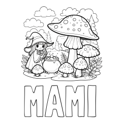 Online izdelana pobarvanka - Pobarvanka imena MAMI in pobarvanka čarovnice med gobami