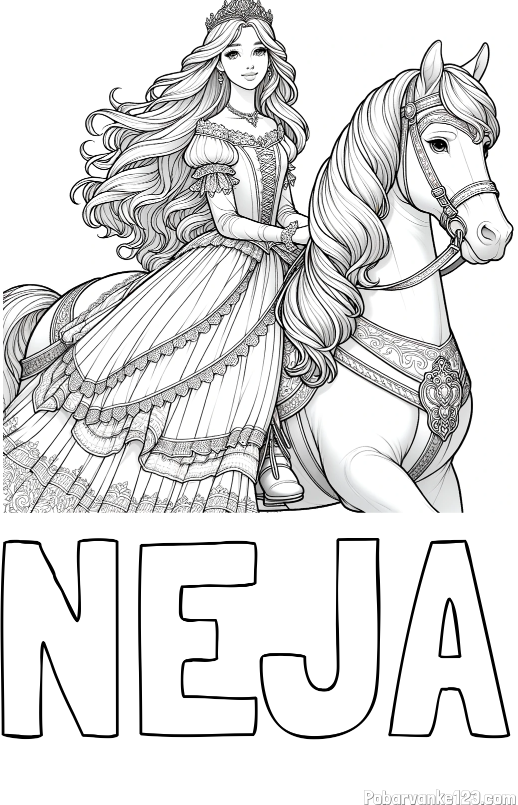 Pobarvanka imena NEJA in pobarvanka nasmejana princese na konju