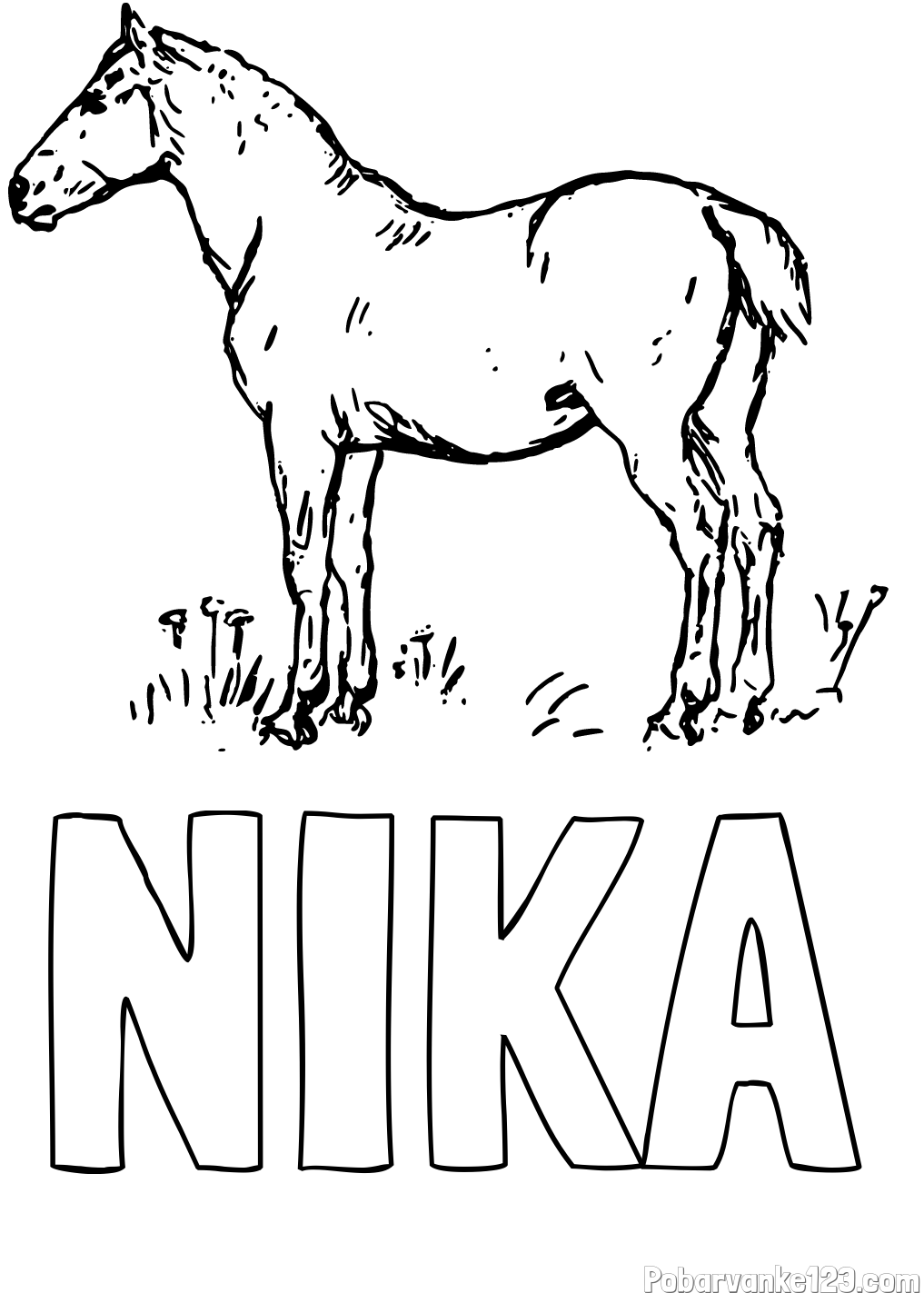 Pobarvanka imena NIKA in pobarvanka konja na travi