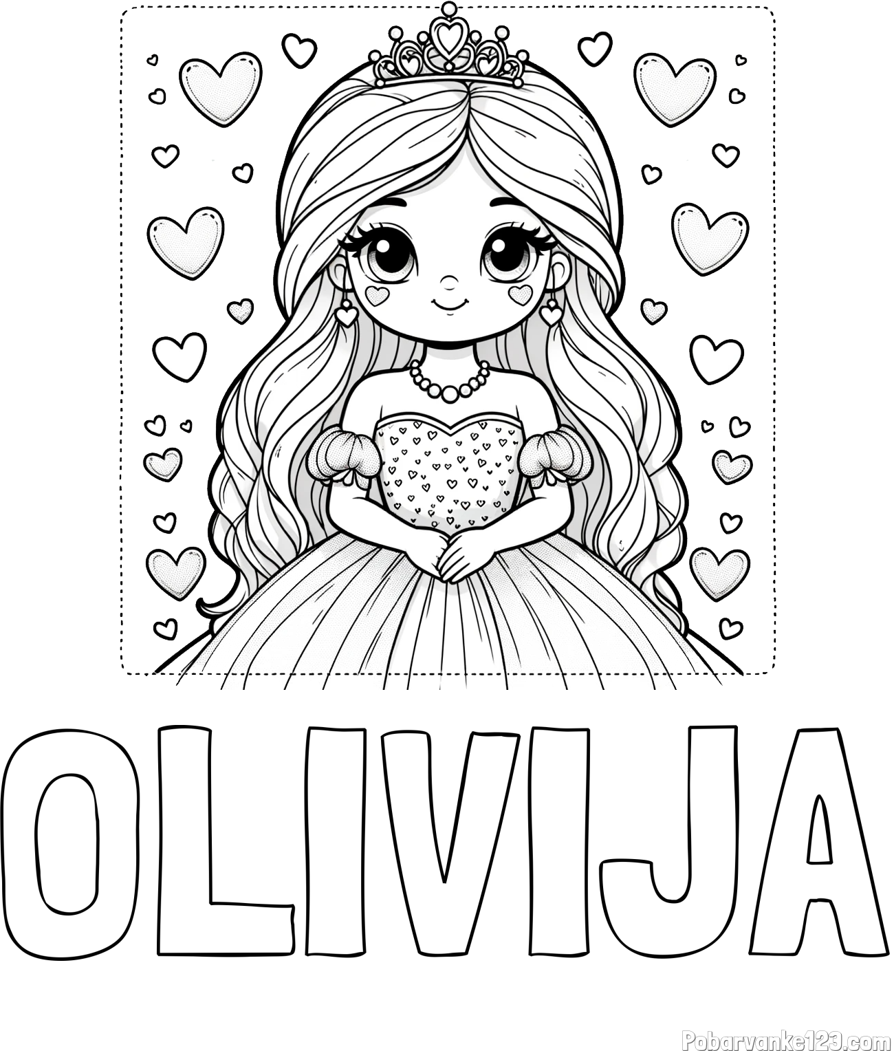 Pobarvanka imena OLIVIJA in pobarvanka ljubke princese obdane s srčki