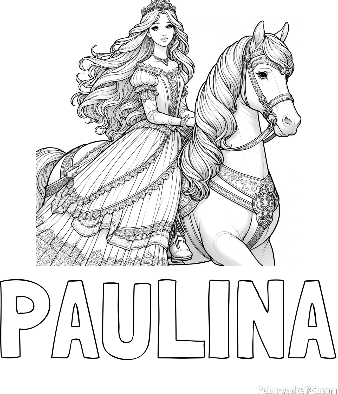 Pobarvanka imena PAULINA in pobarvanka nasmejana princese na konju