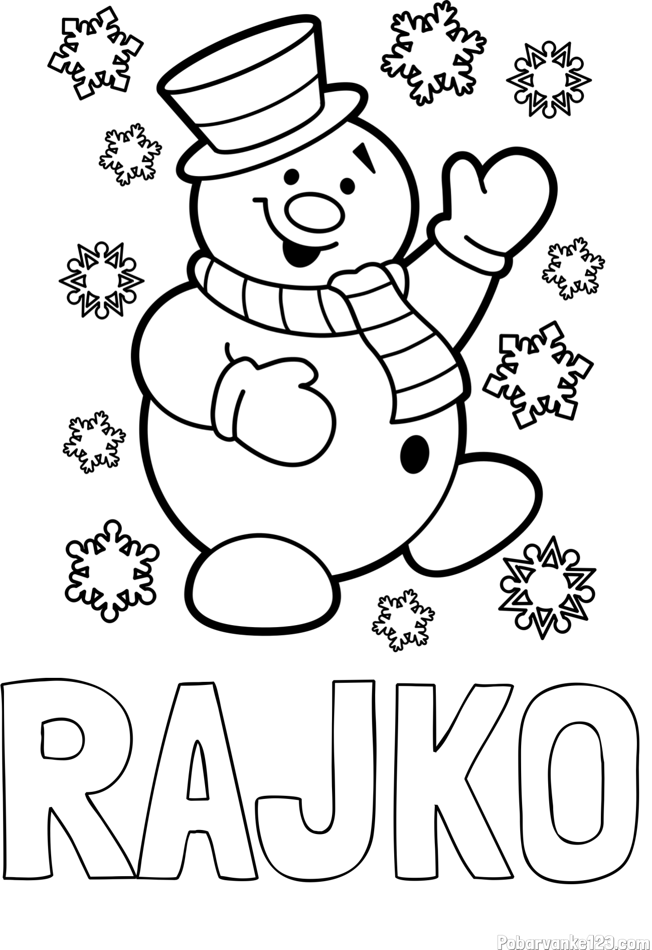 Pobarvanka imena RAJKO in pobarvanka veselega snežaka