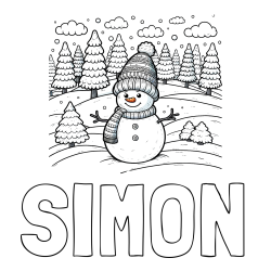 Online izdelana pobarvanka - Pobarvanka imena SIMON in pobarvanka snežaka v naravi obdanega z zasneženimi smrekami