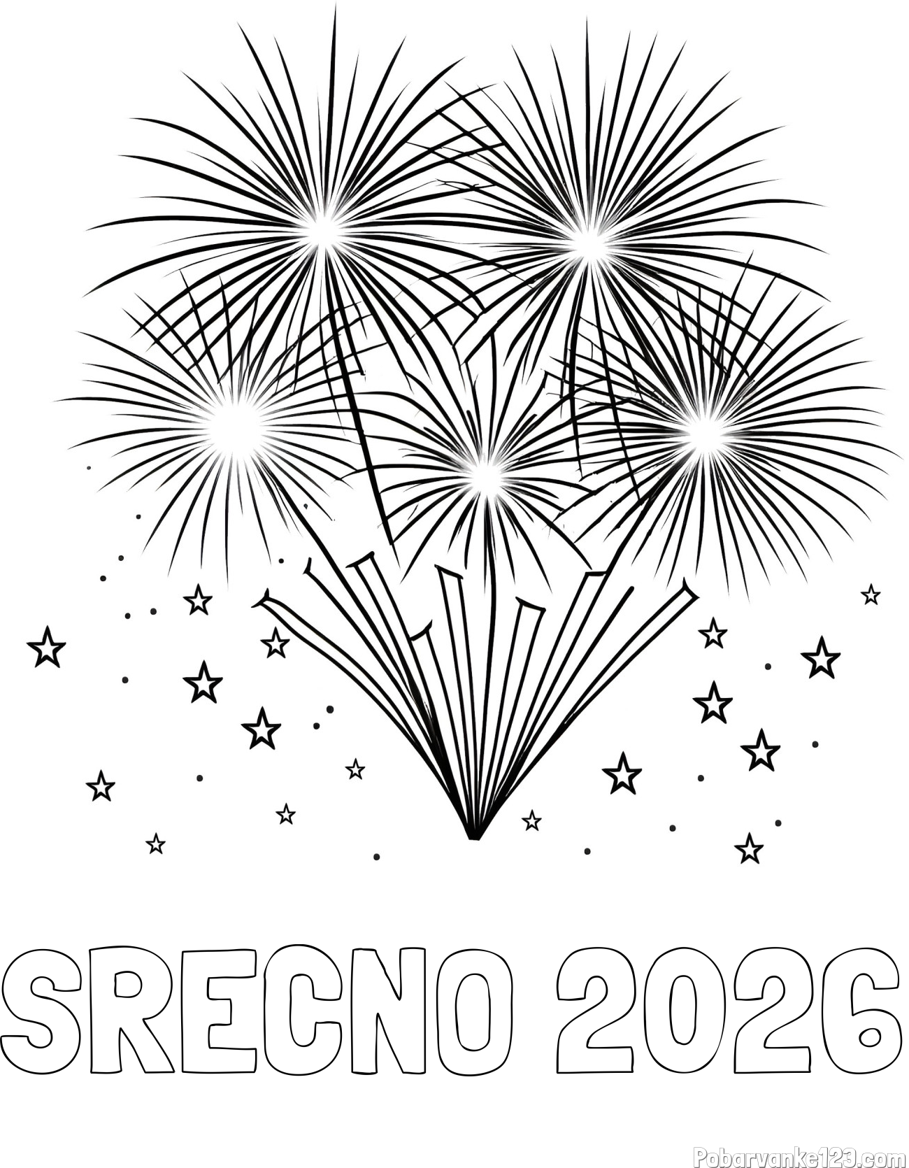 Pobarvanka imena SREČNO 2026 in pobarvanka velikega ognjemeta z zvezdicami