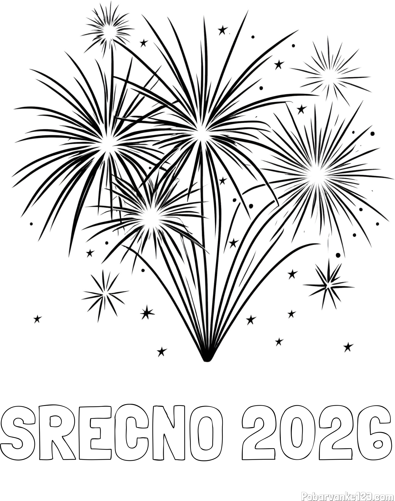 Pobarvanka imena SREČNO 2026 in pobarvanke velikega ognjemeta