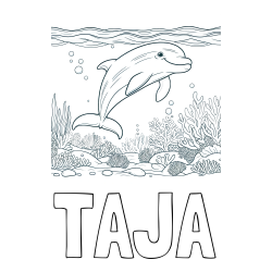Online izdelana pobarvanka - Pobarvanka imena TAJA in pobarvanka ljubkega delfina med plavanjem v morju