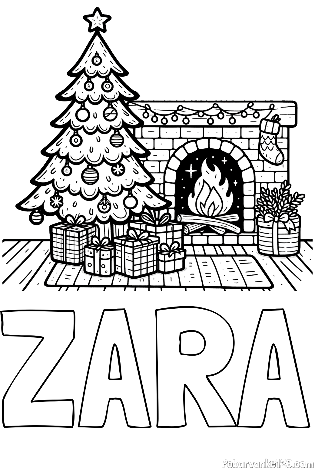 Pobarvanka imena ZARA in pobarvanka božične noči z božično smrečico, darili ter kaminom