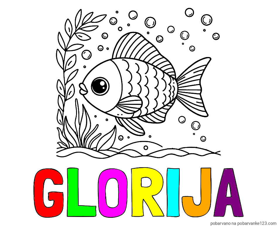 POBARVANA POBARVANKA - Pobarvanka imena GLORIJA in otroška pobarvanka ljubke ribe