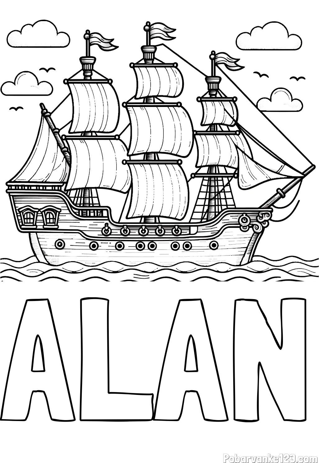 Pobarvanka imena ALAN in pobarvanka stare gusarske ladje