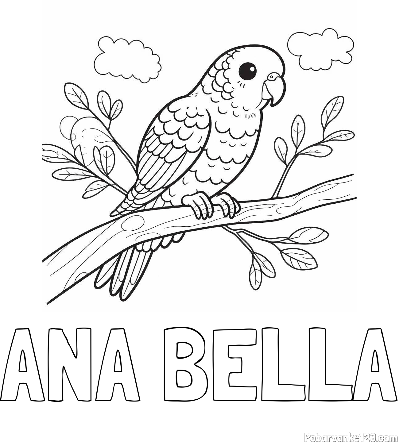 Pobarvanka imena ANA BELLA in pobarvanka ljubkega kanarčka na veji