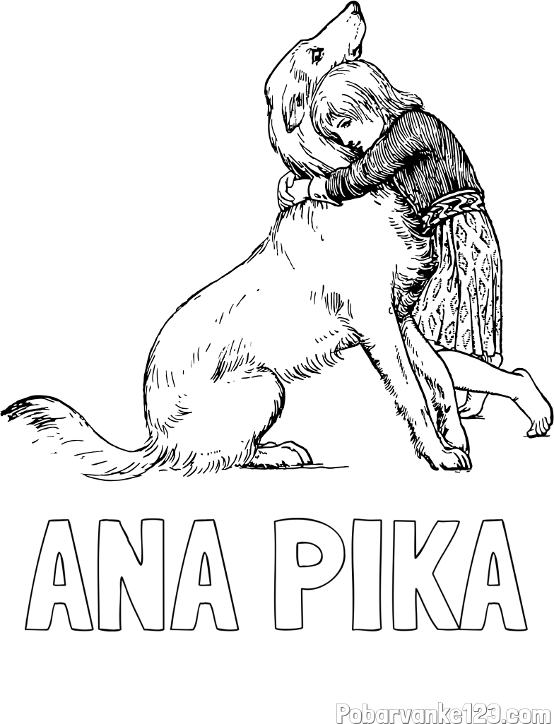 Pobarvanka imena ANA PIKA in pobarvanka prikupnega kužka, ki ga objema mala deklica