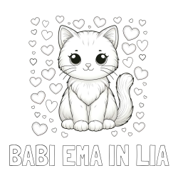 Online izdelana pobarvanka - Pobarvanka imena BABI EMA IN LIA in pobarvanka ljubke mucke obdane s srčki
