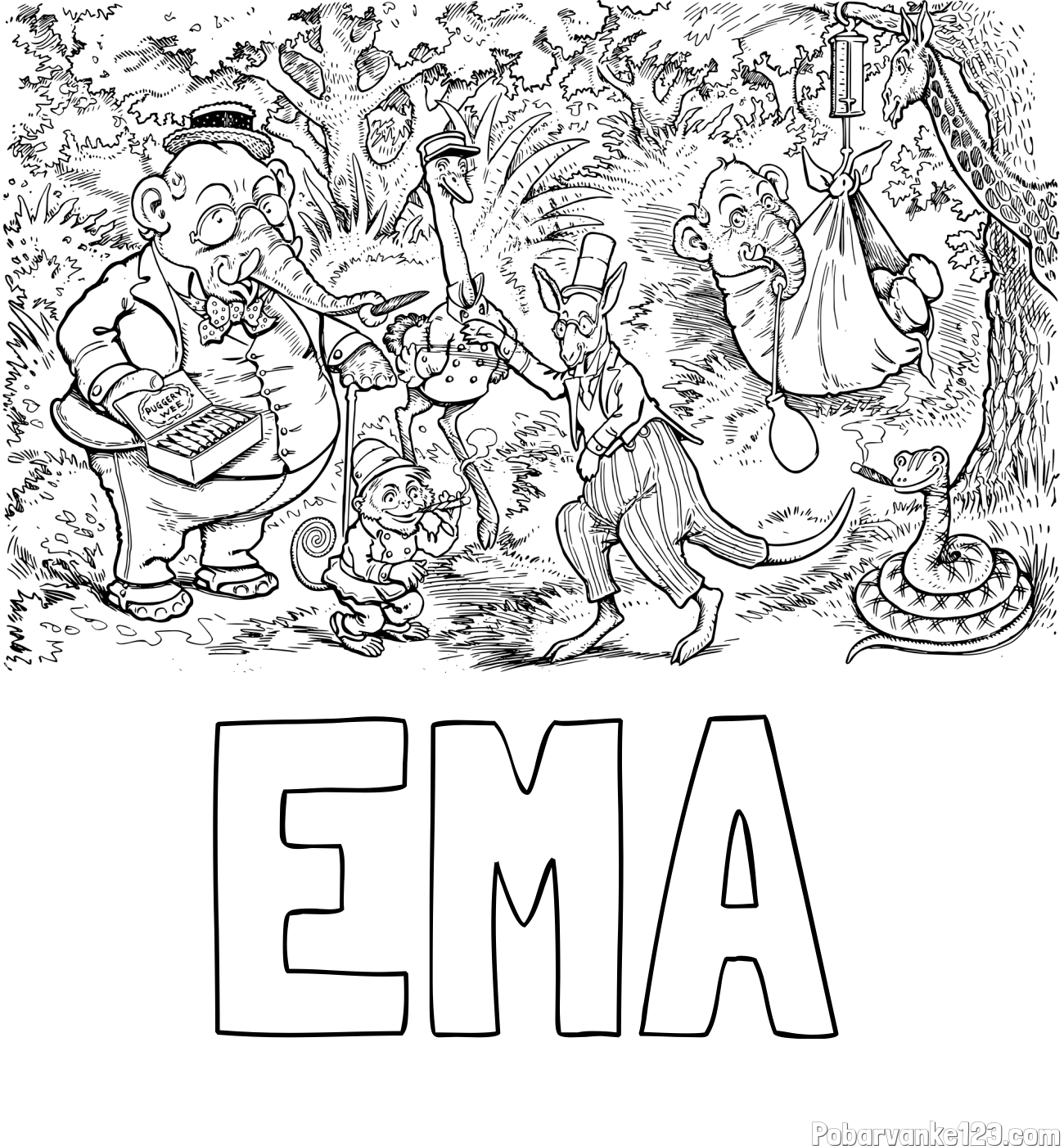 Pobarvanka imena EMA in pobarvanka živali v živalskem vrtu