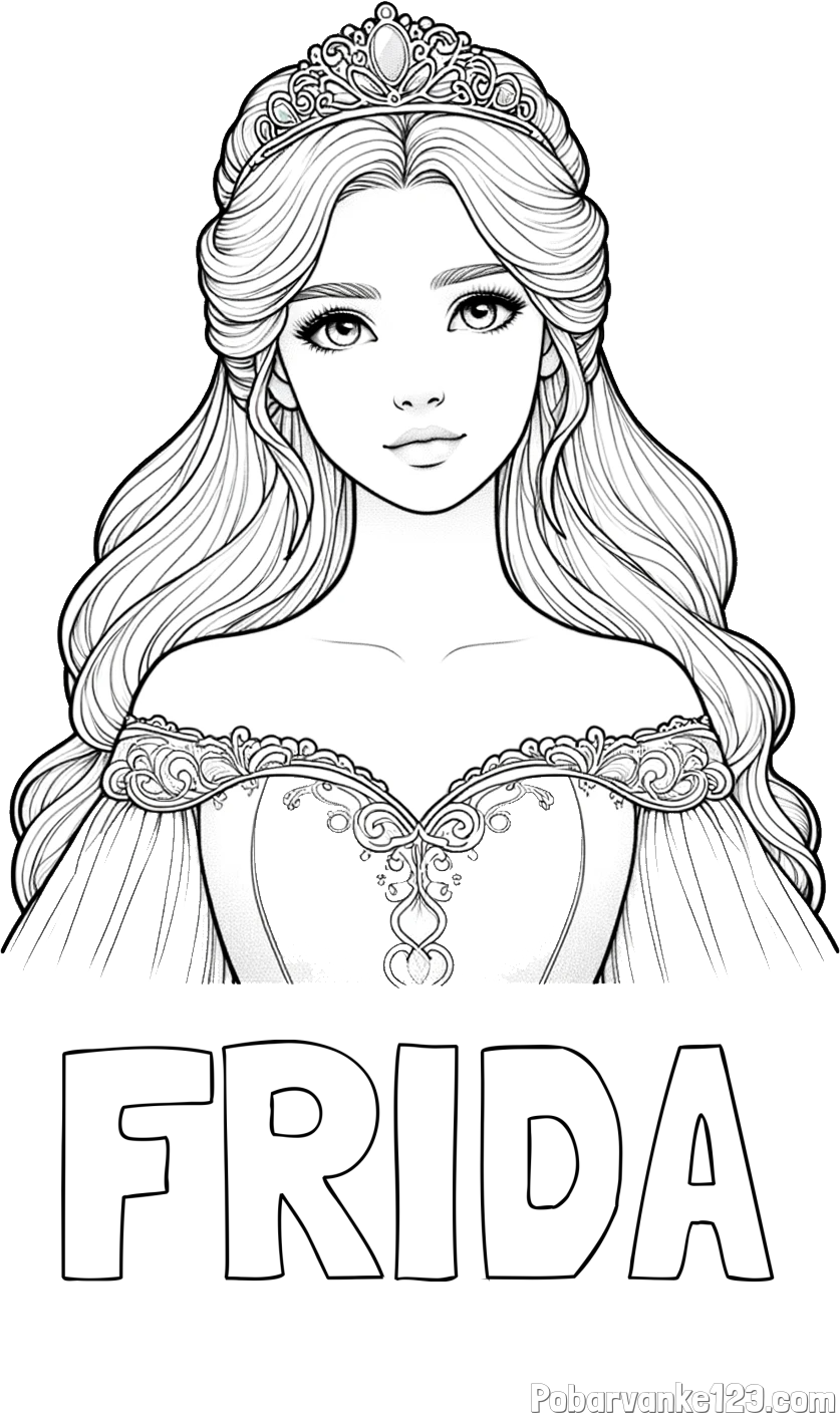 Pobarvanka imena FRIDA in pobarvanka realistične princese