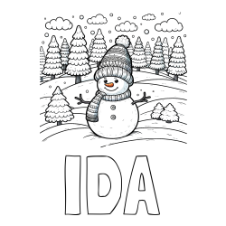 Pobarvanka imena IDA in pobarvanka snežaka v naravi obdanega z zasneženimi smrekami