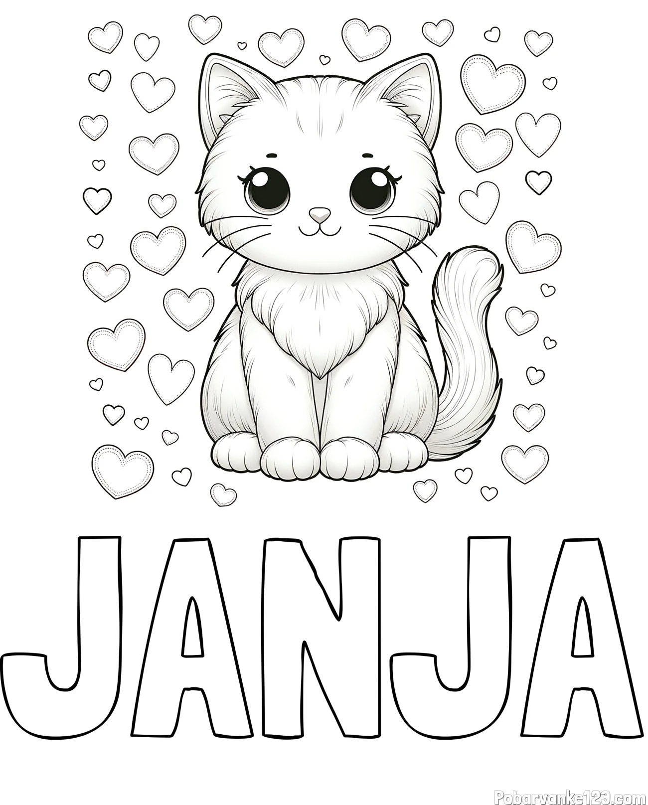 Pobarvanka imena JANJA in pobarvanka ljubke mucke obdane s srčki