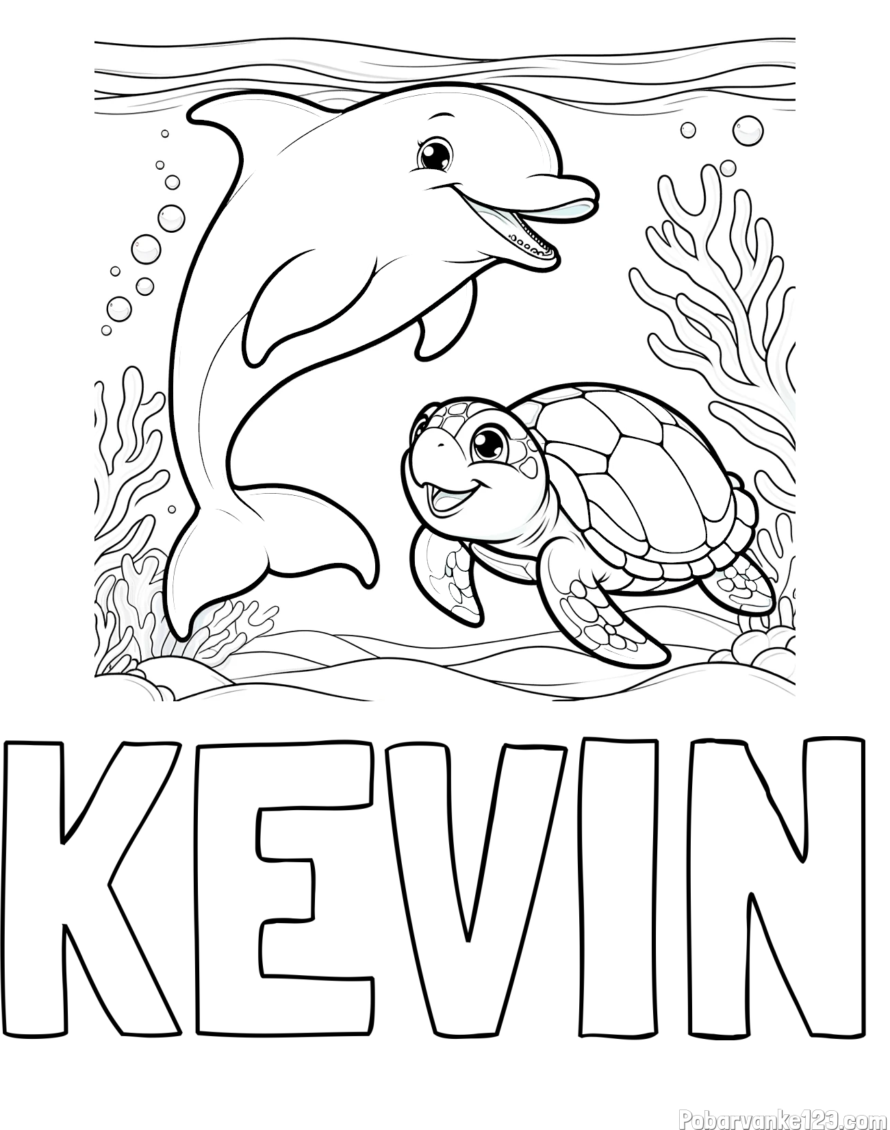 Pobarvanka imena KEVIN in pobarvanka ljubkega delfina z želvo v morju