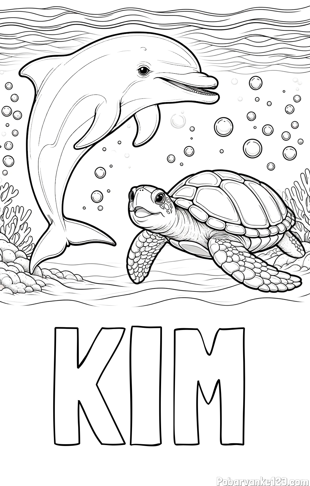 Pobarvanka imena KIM in pobarvanka ljubkega delfina in njegove prijateljice želve