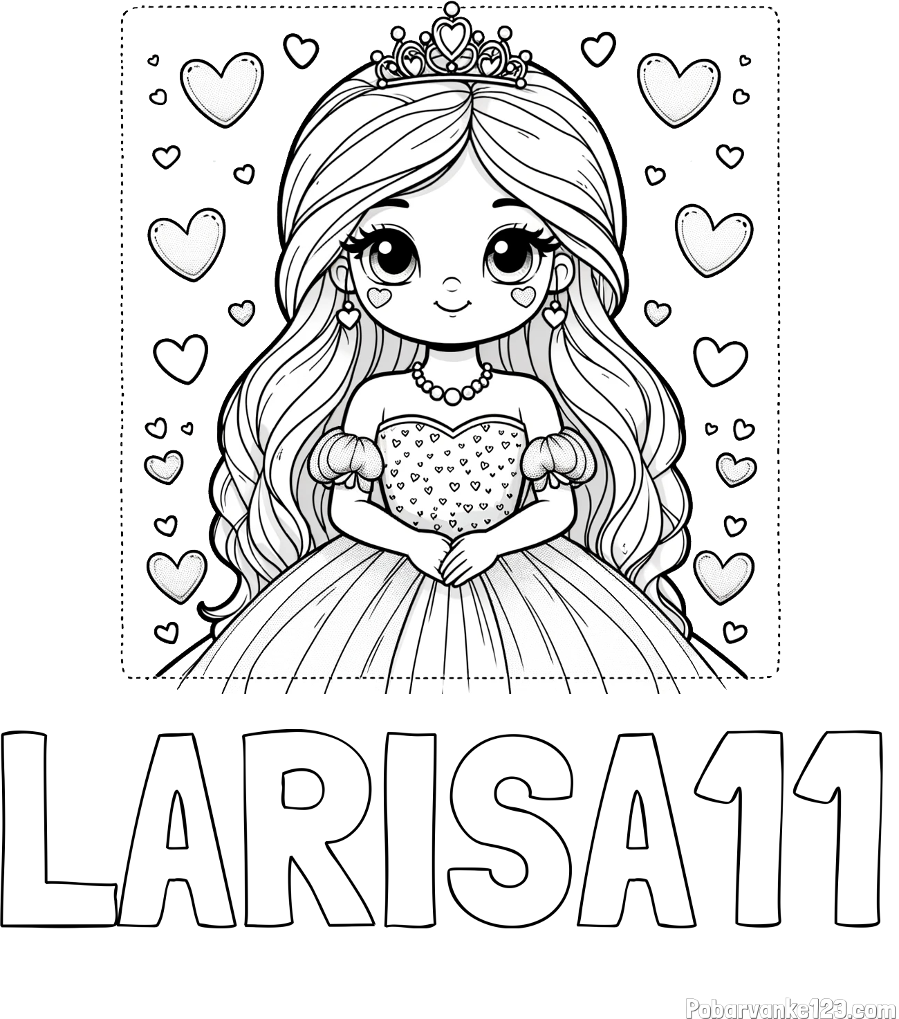 Pobarvanka imena LARISA11 in pobarvanka ljubke princese obdane s srčki
