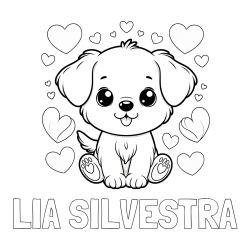 Online izdelana pobarvanka - Pobarvanka imena LIA SILVESTRA in pobarvanka ljubkega kužka obdanega s srčki