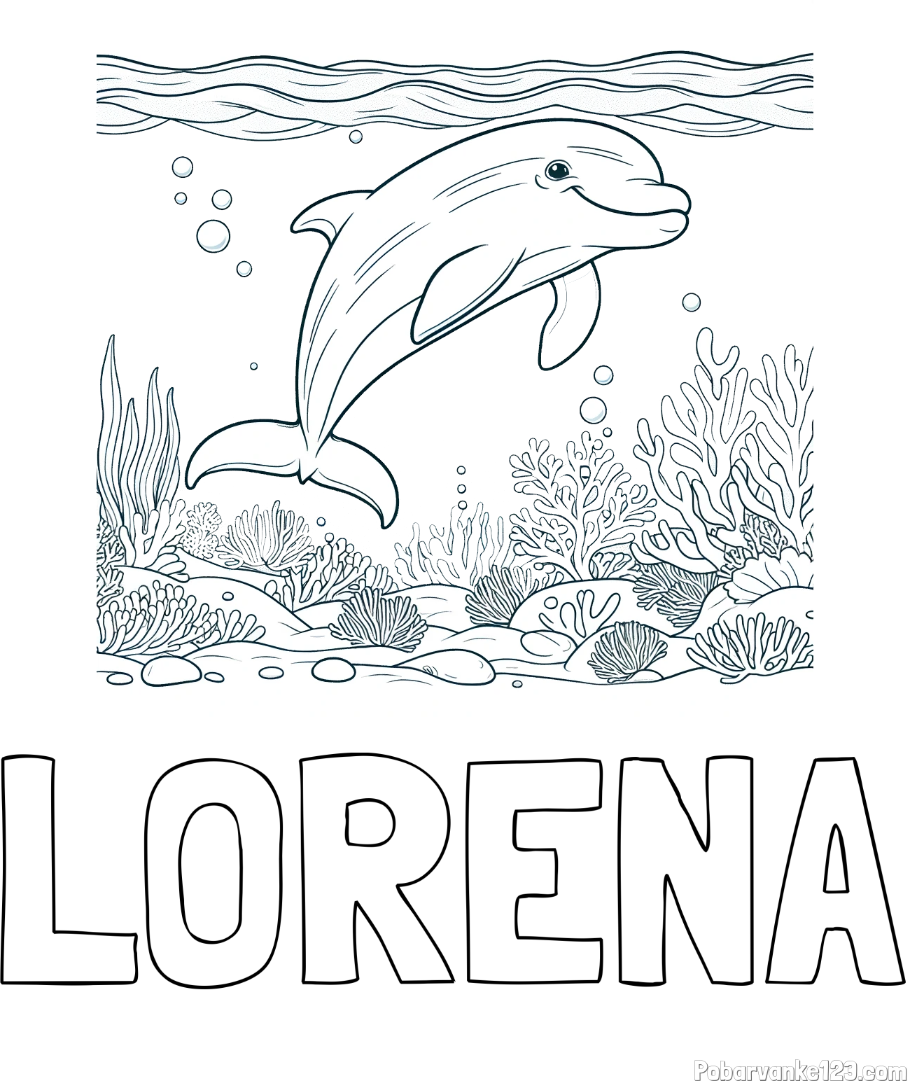 Pobarvanka imena LORENA in pobarvanka ljubkega delfina med plavanjem v morju