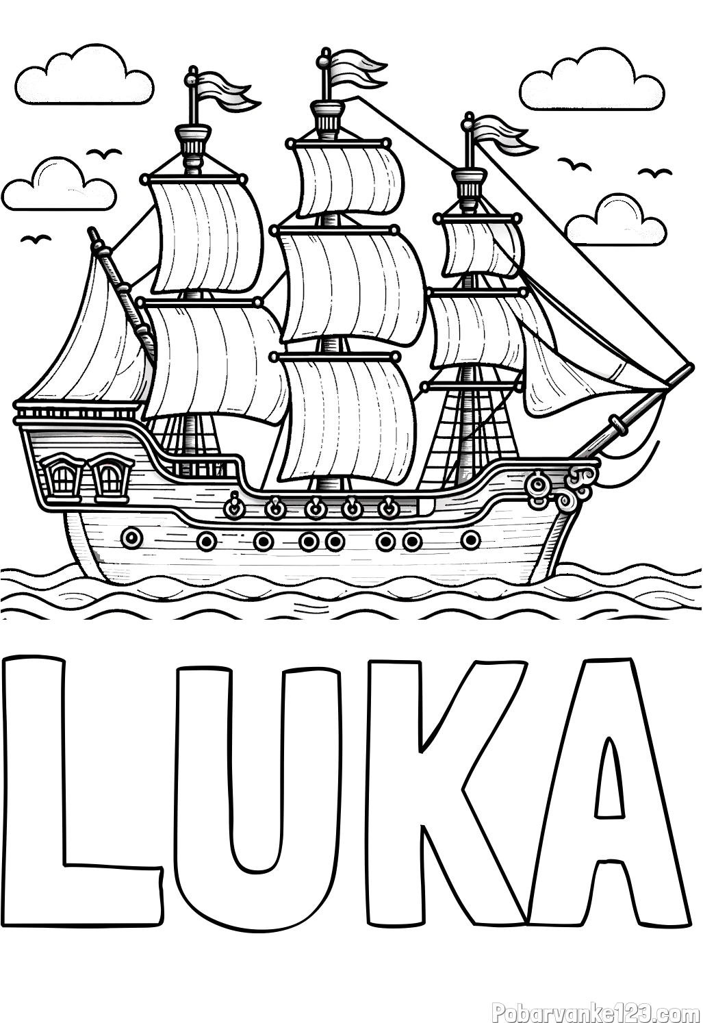 Pobarvanka imena LUKA in pobarvanka stare gusarske ladje