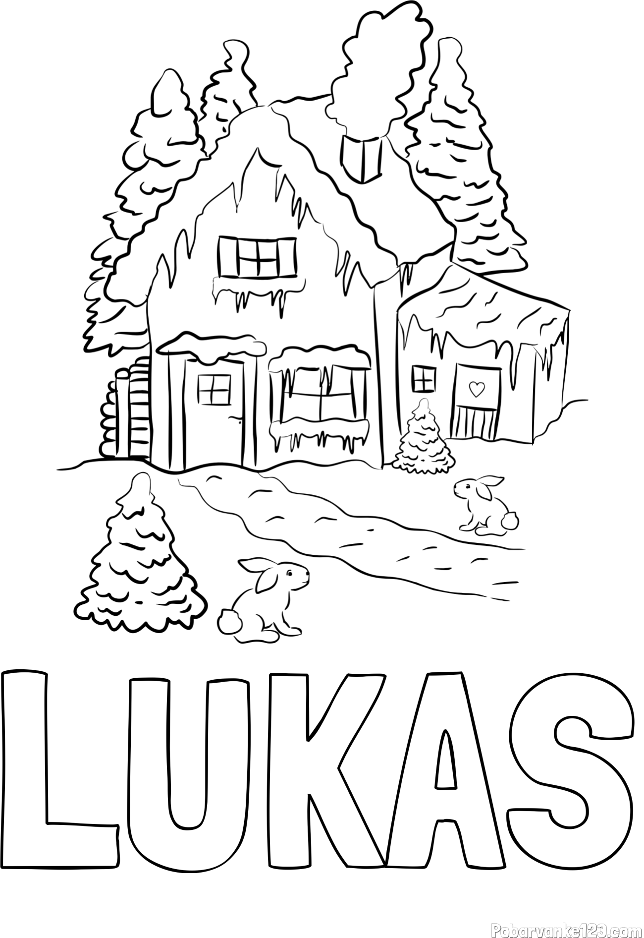 Pobarvanka imena LUKAS in pobarvanka zasnežene hiše