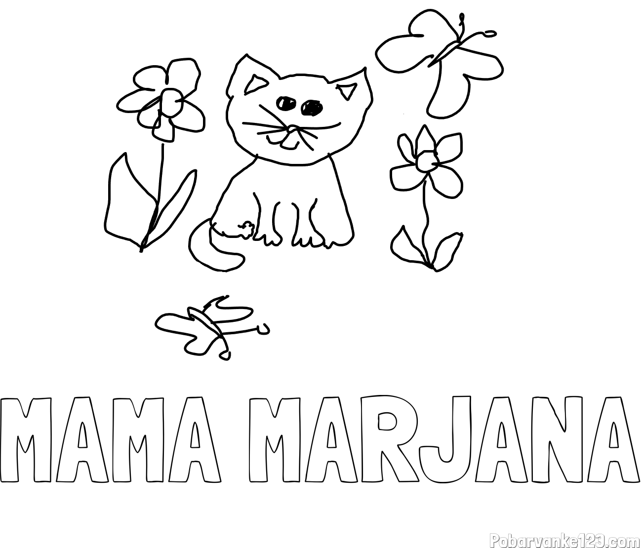 Pobarvanka imena MAMA MARJANA in mačka v naravi